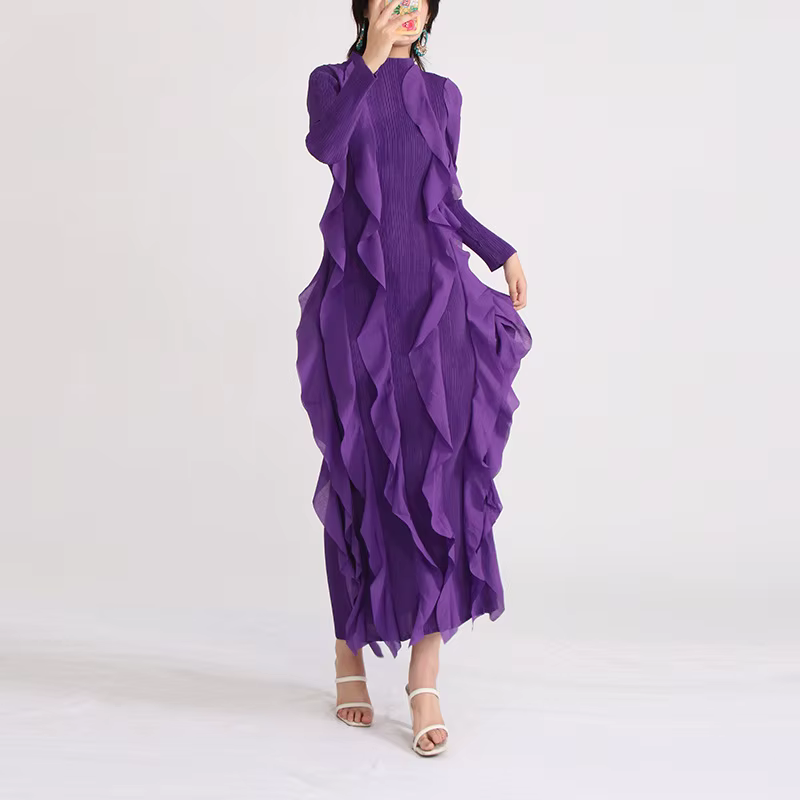 Robe longue de style français vintage, col montant, manches longues, haute élasticité, bouclier de c