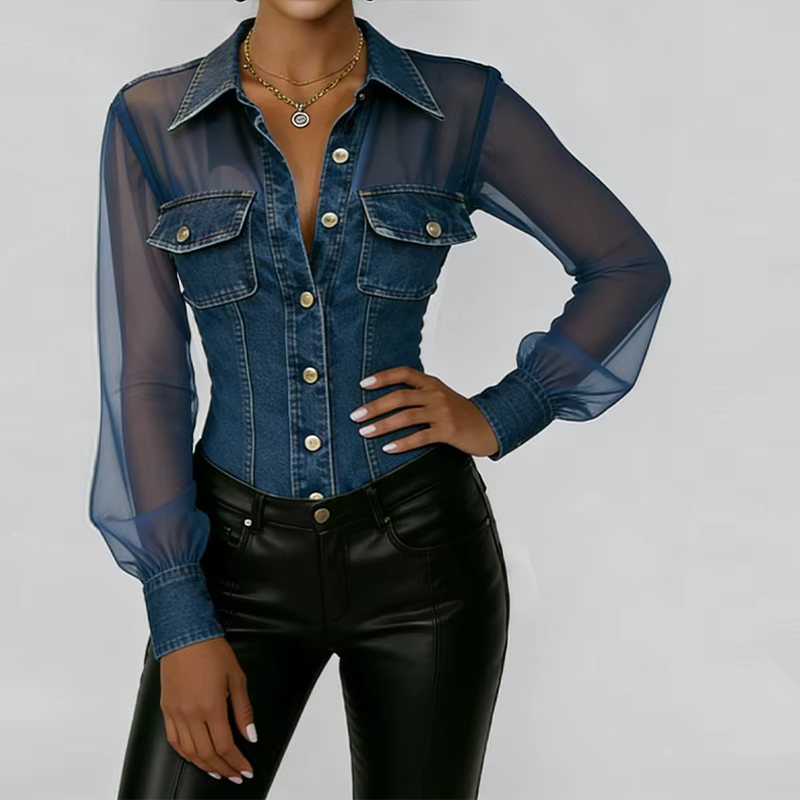 Chemisier vintage en jean et maille transparente pour femme, à manches longues, boutonné, col à reve