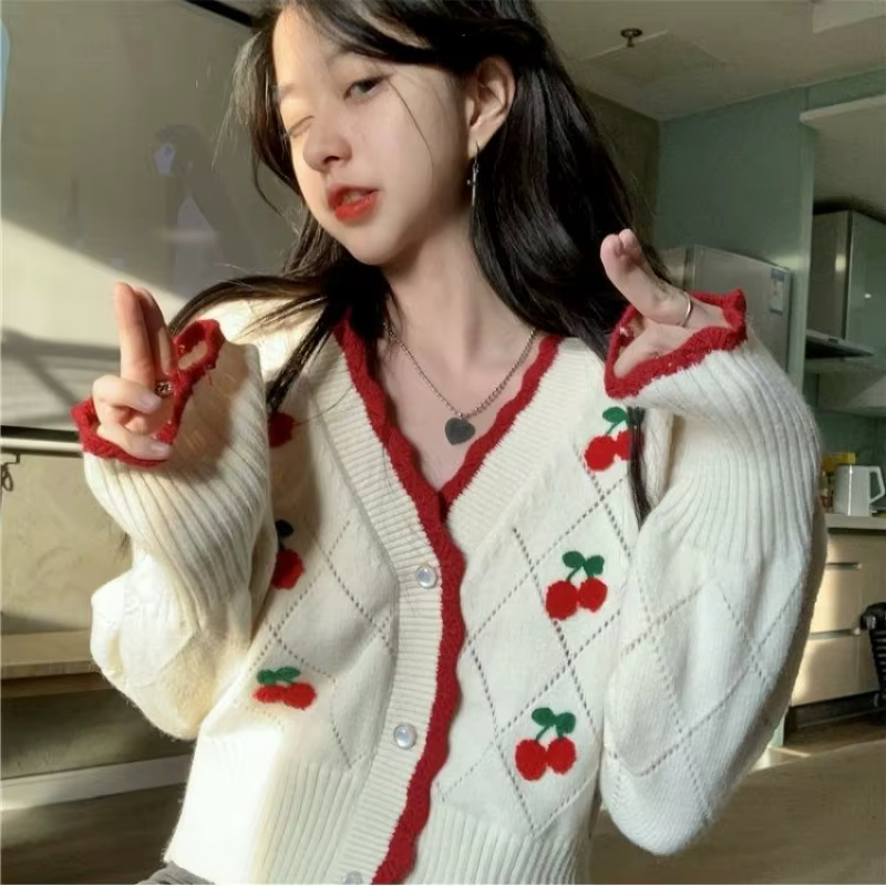 Cardigan tricoté à manches longues et col en v pour femme, haut décontracté, ample, boutons floraux,