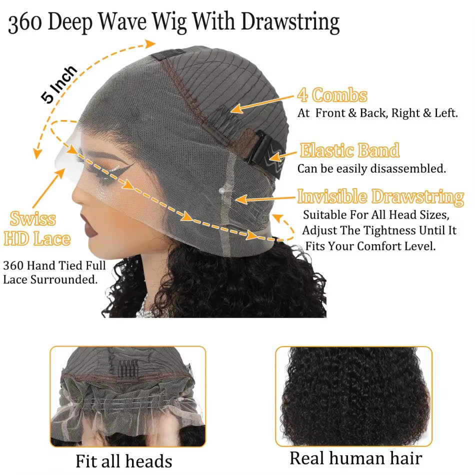 Perruque Lace Front Wig 360 naturelle bouclée, cheveux humains, pre-plucked, Hd, Deep Wave, avec cor