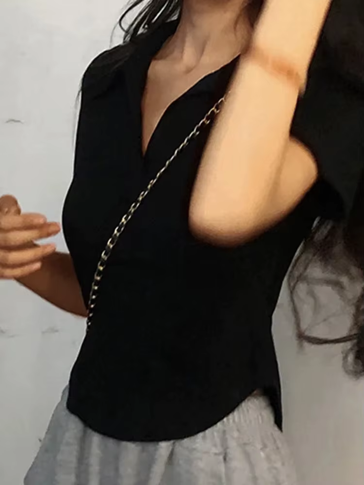 Haut à revers à manches courtes pour femmes, couleur unie, col en v, chemises rétro douces, haut cou