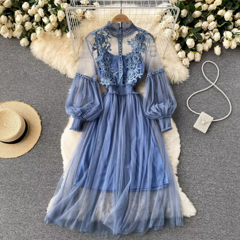 Robe longue en dentelle à fleurs et maille, manches lanternes, blanche, pour femmes, tenue de soirée
