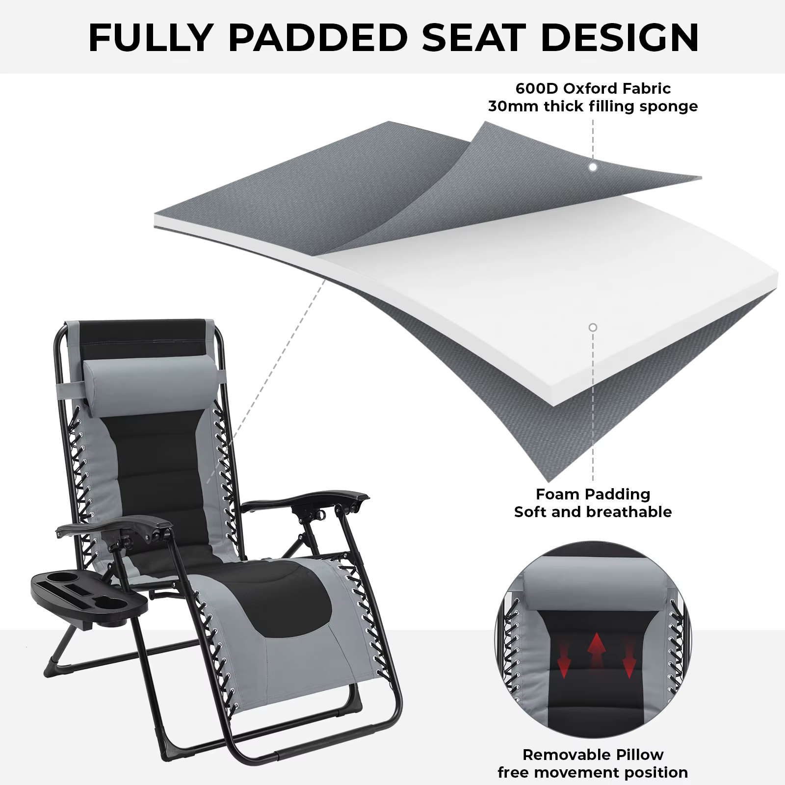 Chaise zéro gravité rembourrée, ensemble de 2 chaises inclinables pliables pour l'extérieur, chaise 