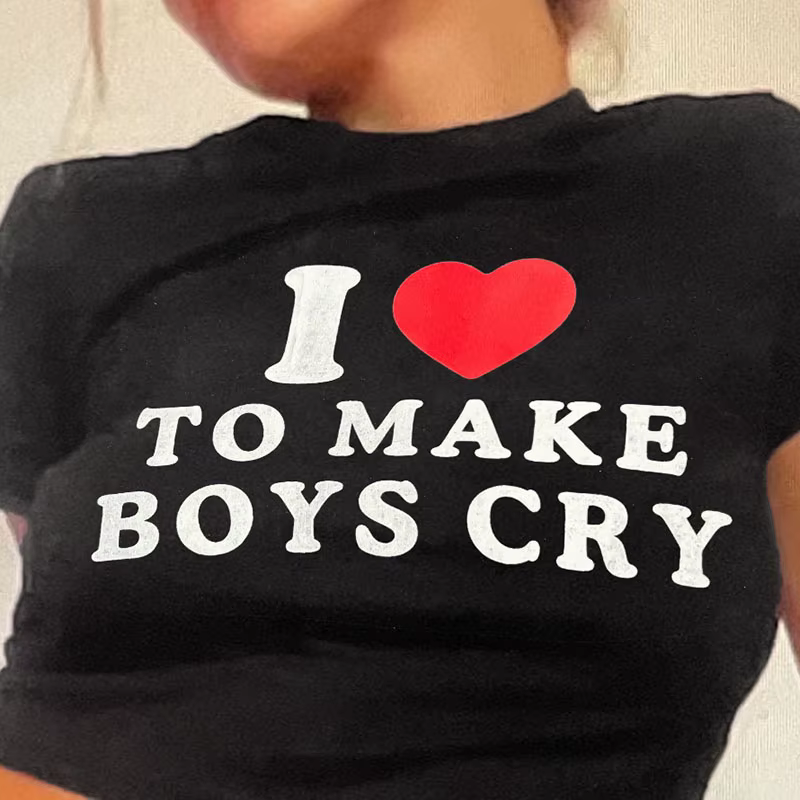 T-shirt manches courtes femme, streetwear, estival et slim, avec lettres I Love to Make Boy Cry impr