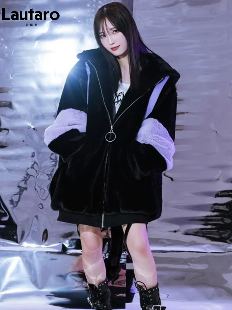 Lautaro automne hiver surdimensionné couleur bloc fausse fourrure manteau femmes Harajuku Kawaii dou