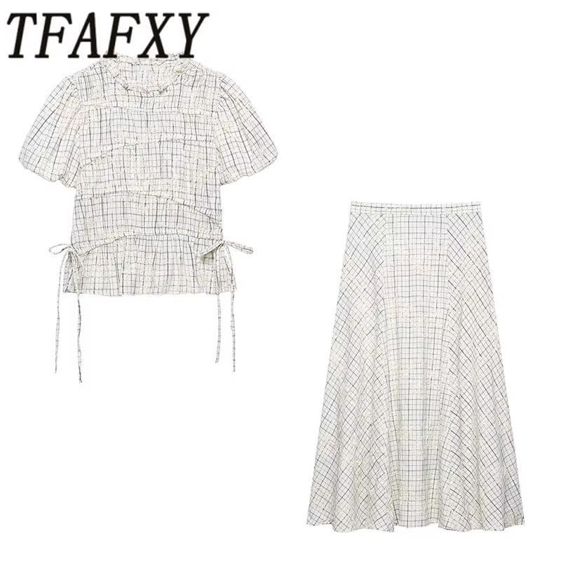 TFAFXY 2026 Ensemble d'été pour femme : Blouse brodée à carreaux avec nœud et jupe longue midi coupe