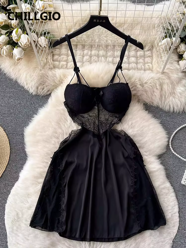 CHILLGIO femmes Sexy dentelle florale Spaghetti sangle robe d'été mode dos nu une ligne été Transpar