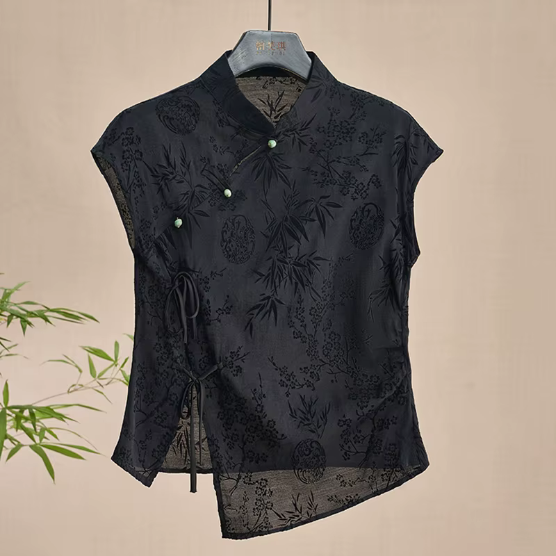 Chemise fine rétro nouveau Style chinois Cheongsam haut noir Jacquard T-shirt à manches courtes été