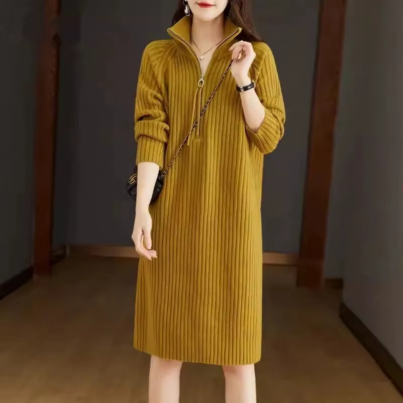 Robe à manches longues pour femmes, robe mi-longue, demi-fermeture éclair, monochromatique, grande r