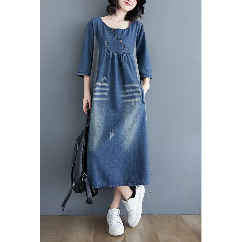 Robe en denim vintage pour femme, patchwork simple, longueur genou, rayures Wiltshire, manches trois