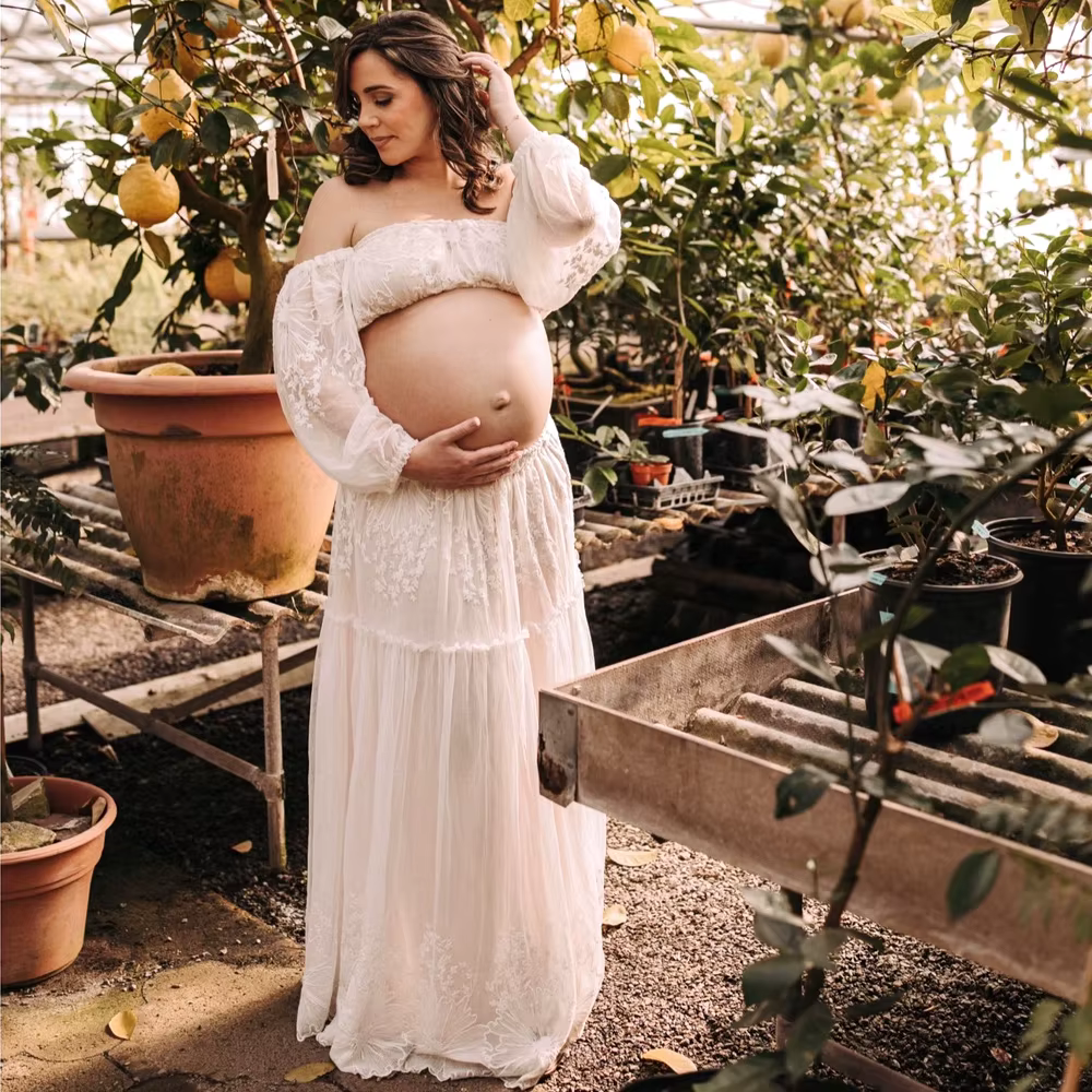 Robe de grossesse bohème pour séance Photo, robes élégantes, maille cryptée douce, broderie de fleur
