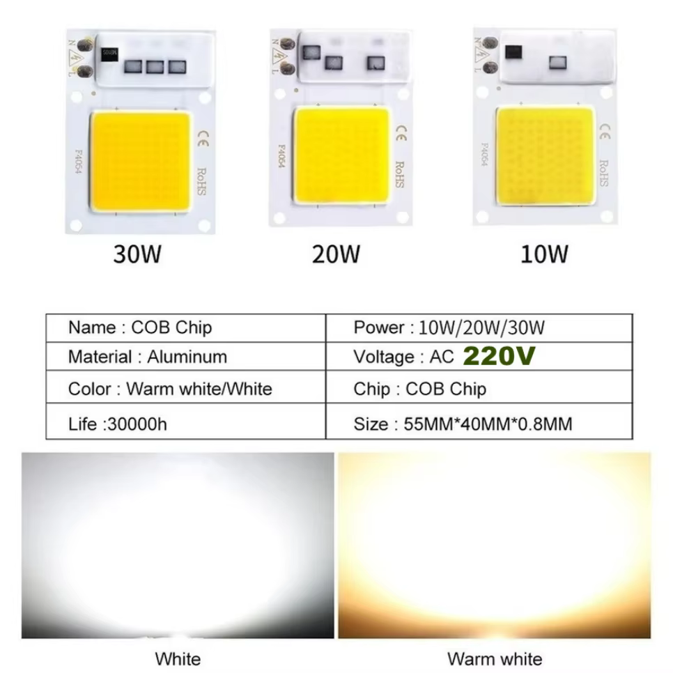 Lampe LED à puce COB 220V, 10W 20W 30W 50W, IC intelligent, pas besoin de pilote, ampoule LED 3W 5W 