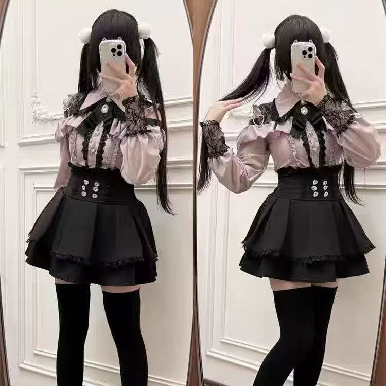 Ensemble Lolita de Type sol en forme de cœur doux foncé, haut à manches à volants et jupe trapèze, j