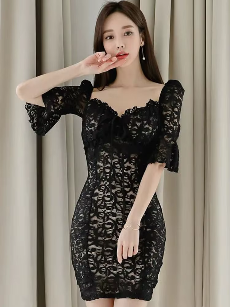 Mini robe fourreau en dentelle noire pour femme, col frontal, nœud, manches évasées, taille haute, r