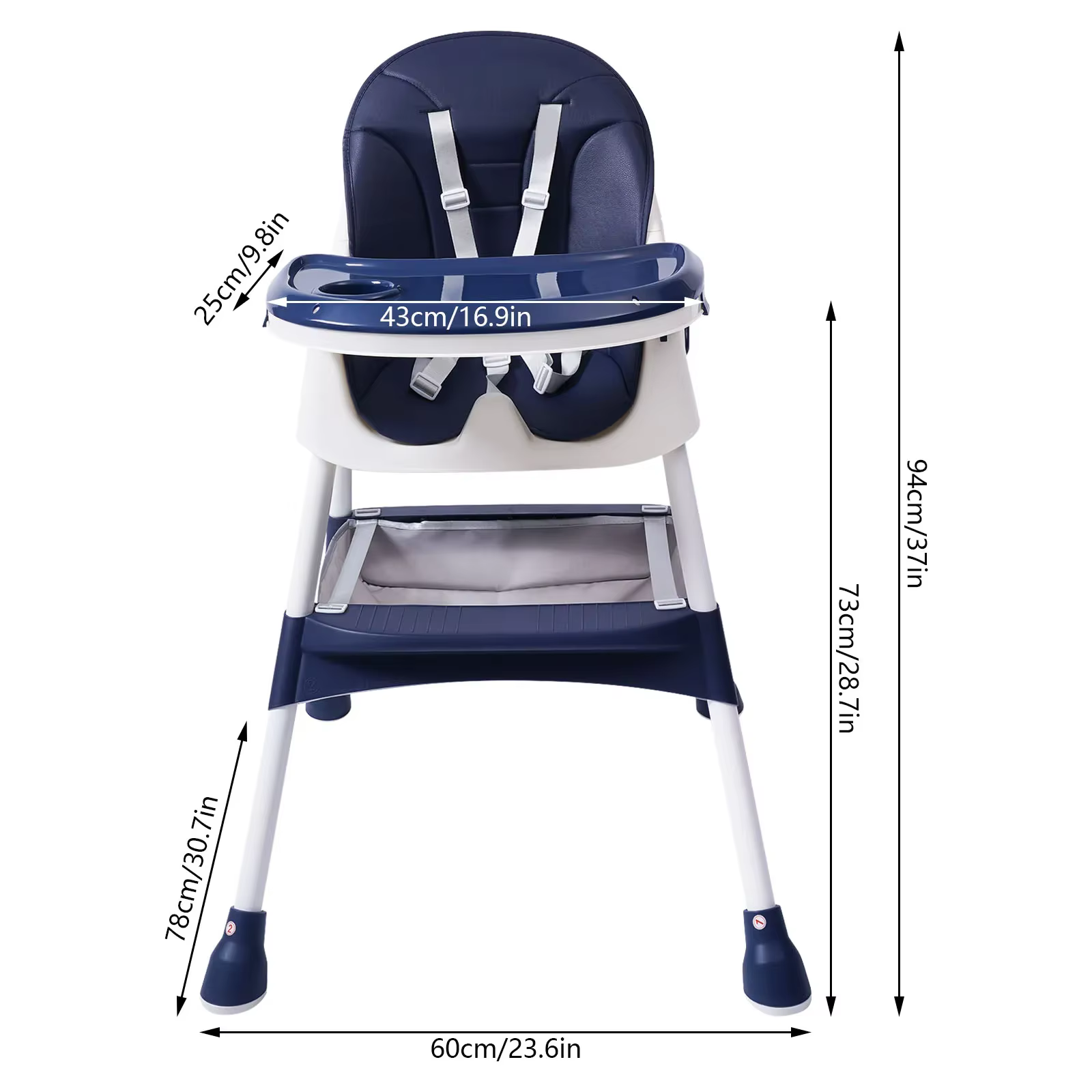 Chaise haute pour bébé à hauteur réglable avec fonction inclinable, avec marchepieds et boucle de sé