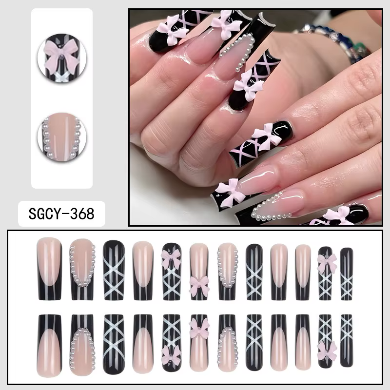 24 cerceaux longs avec motifs français, fleurs, points papillon, faux ongles brillants en diamant, à