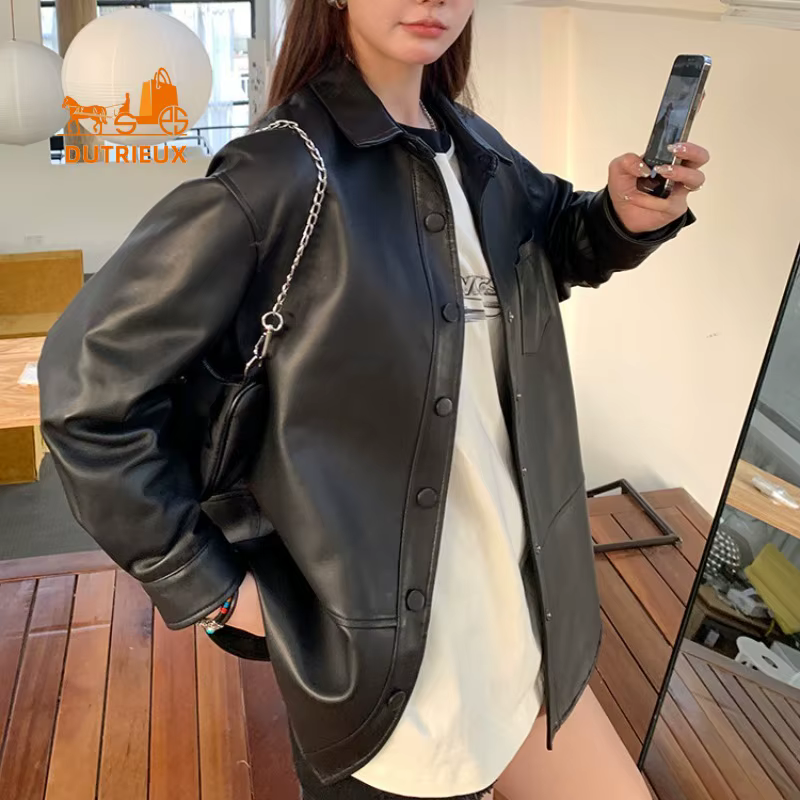 Veste en cuir véritable de style chemise mi-longue pour femme, manteau élégant et doux, 100% peau de