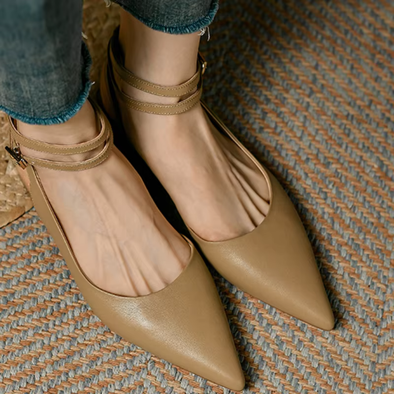 Sandales en Cuir group pour Femme, Chaussures Plates Beige Abricot, Fermées, Pointues, Slingbacks, P