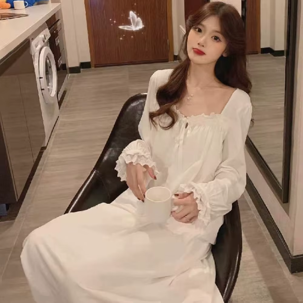 Chemise de nuit Style princesse à manches longues, pyjama en dentelle pour femmes, Version coréenne,
