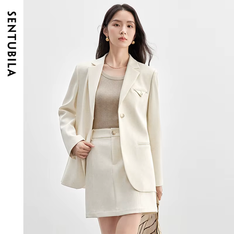 SENTUBILA femmes jupe costumes lin mélange épaulettes simple bouton Blazer solide élégant Mini jupes