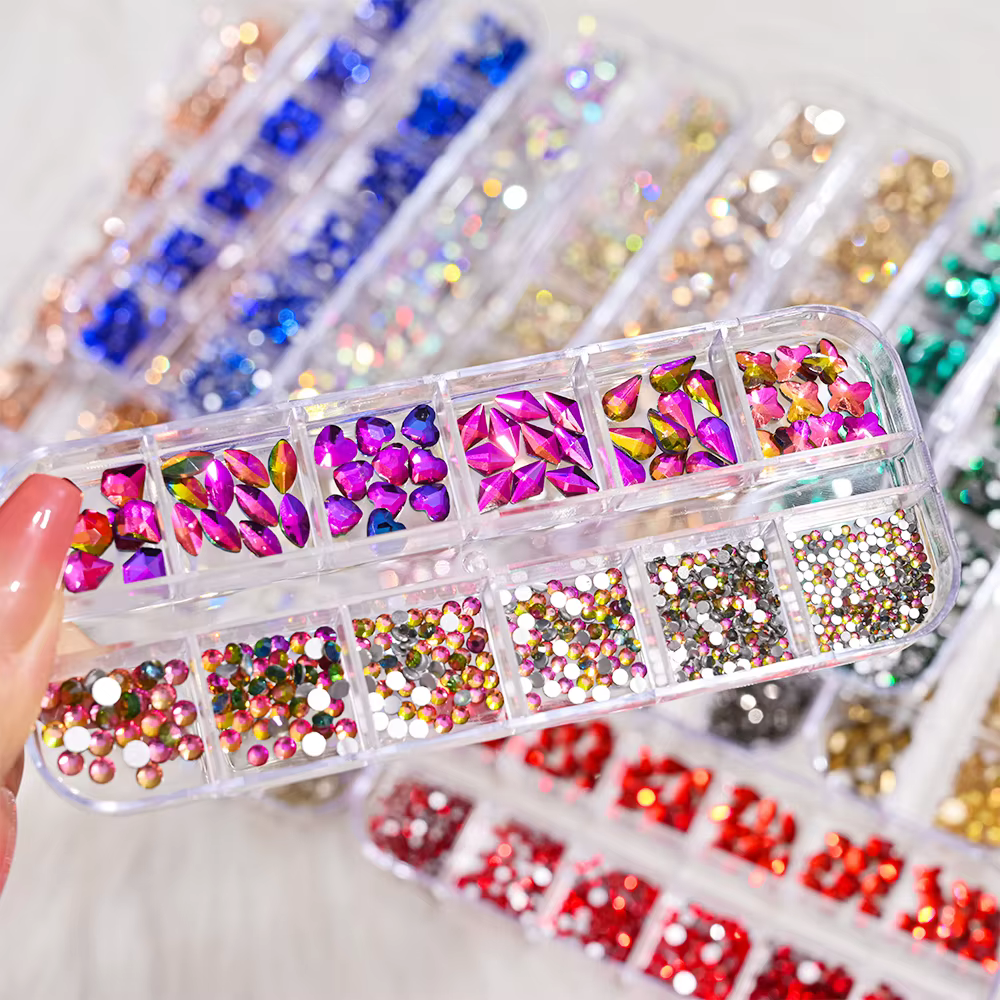 Strass en cristal de forme mixte pour Nail Art, 12 grilles, rose/rouge, pierres précieuses à dos pla