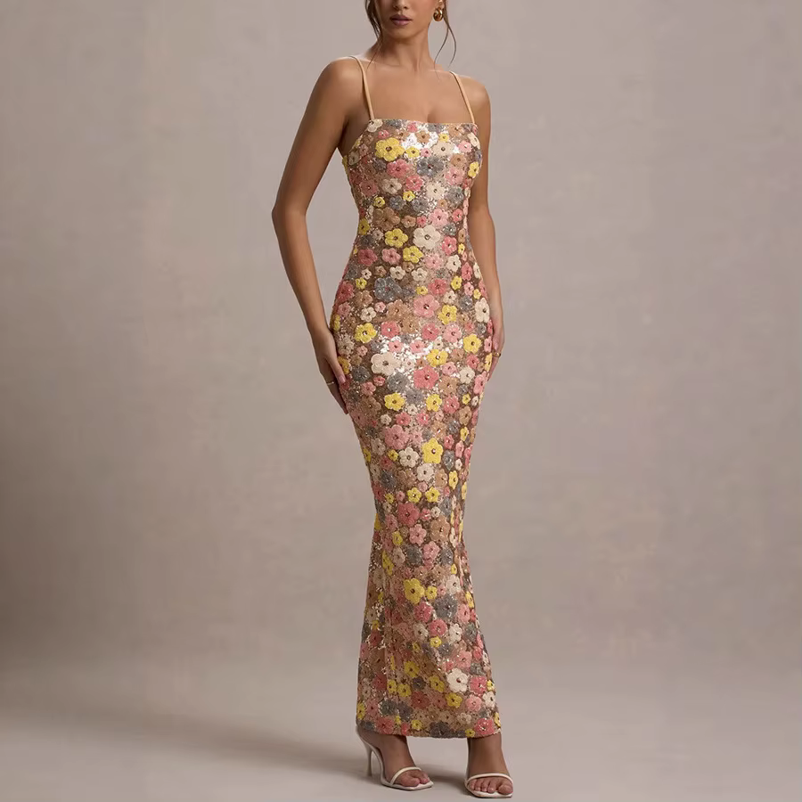 Summ femmes fleurs paillettes Patchwork mince fête longue robe sans bretelles mode Maxi robe, Sexy s
