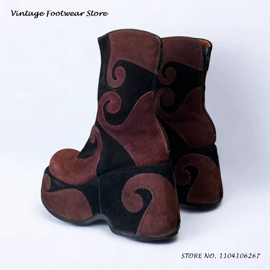 Bottines à plateforme en cuir suédé tourbillonnant, chaussures Vintage à bout rond, grande taille, S