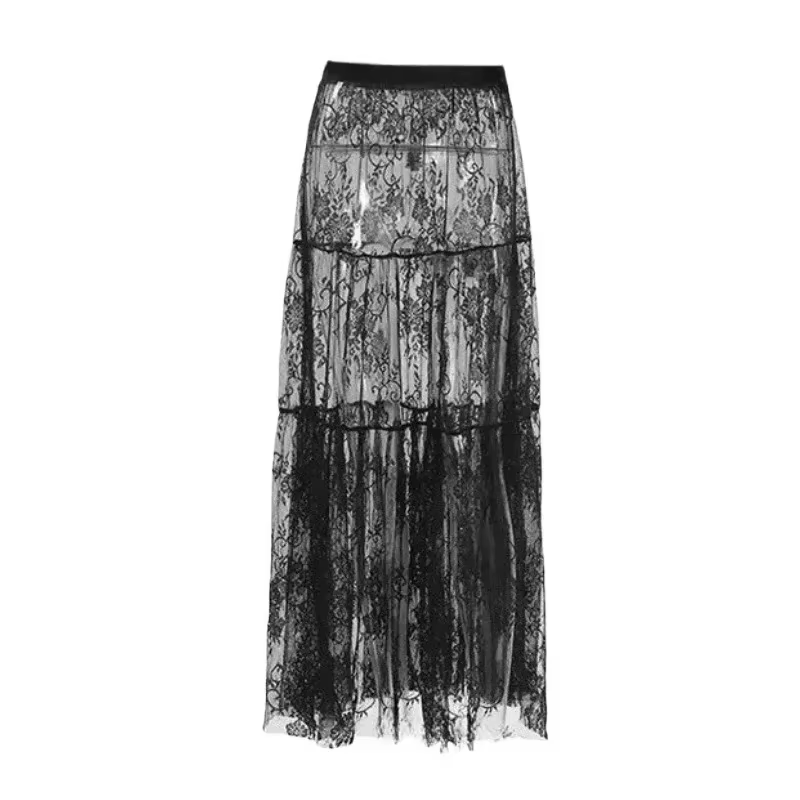 Dentelle Jacquard jupe transparente femmes été nouvelle taille haute Sexy jupes longues décontractée