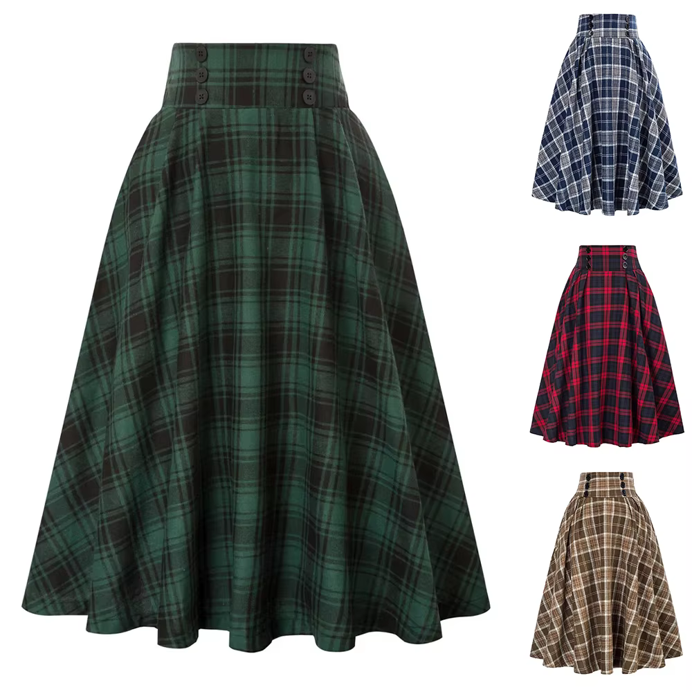 SISHION 2025 automne nouveau une ligne boutons pivotants longue Midi Vintage Jupe SS0037 rouge vert 
