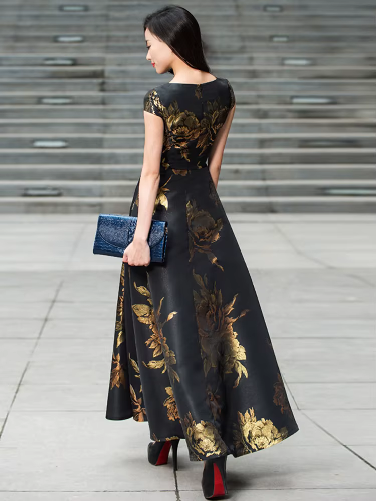 Robe Jacquard Vintage Élégante pour Femmes avec une Silhouette Maxi Évasée Cintrée à la Taille, Idéa