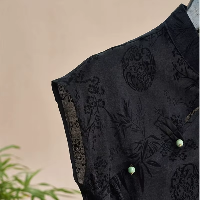 Chemise fine rétro nouveau Style chinois Cheongsam haut noir Jacquard T-shirt à manches courtes été