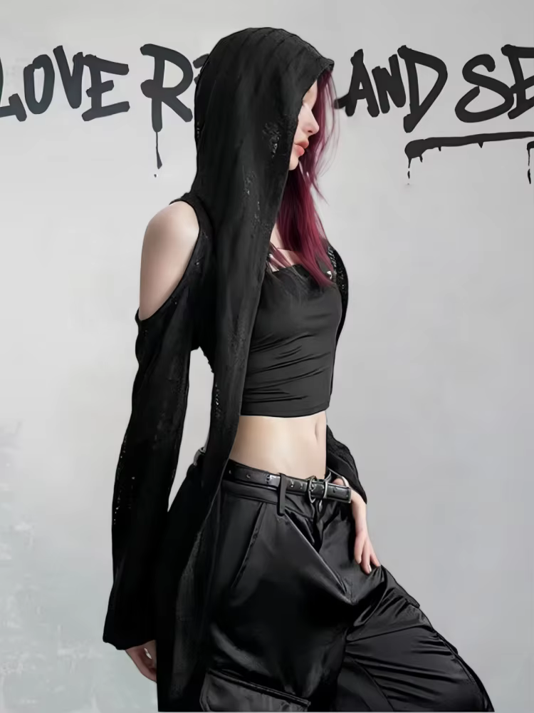T-shirt à manches longues et épaules dénudées pour femmes, Streetwear d'été, hauts courts, Punk Grun
