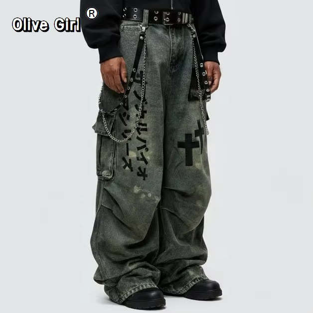 Grande taille crâne croix femmes jean pantalon Denim pantalon américain rétro ambiance jambes larges