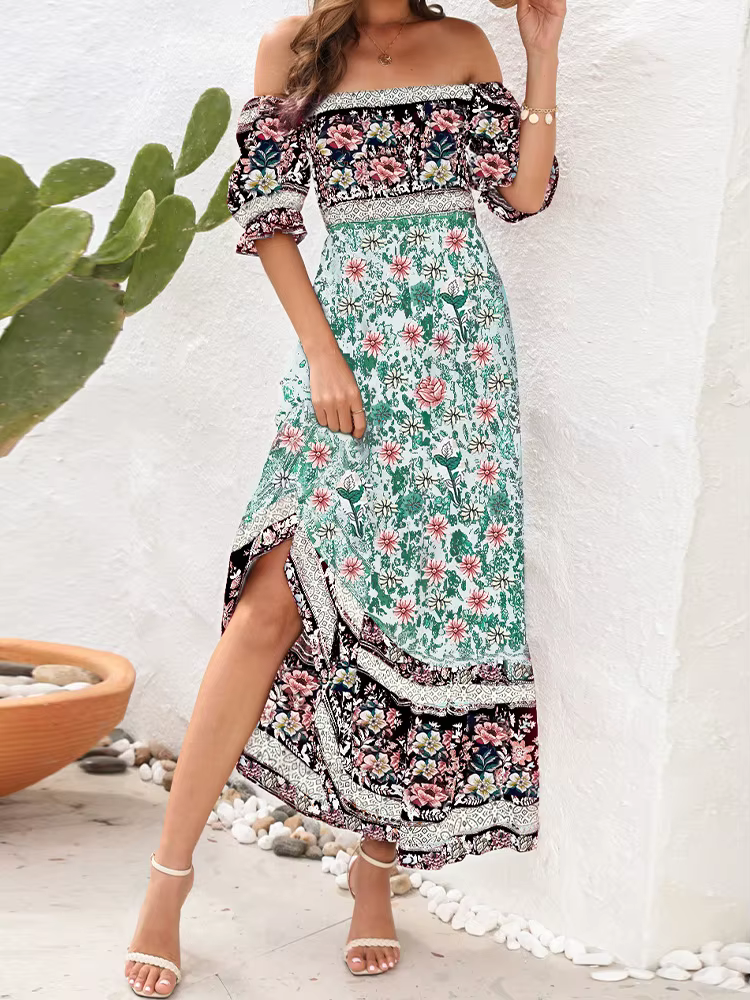 Robe longue plissée à imprimé Floral, style Boho, tenue de plage, manches courtes, col carré, à vola