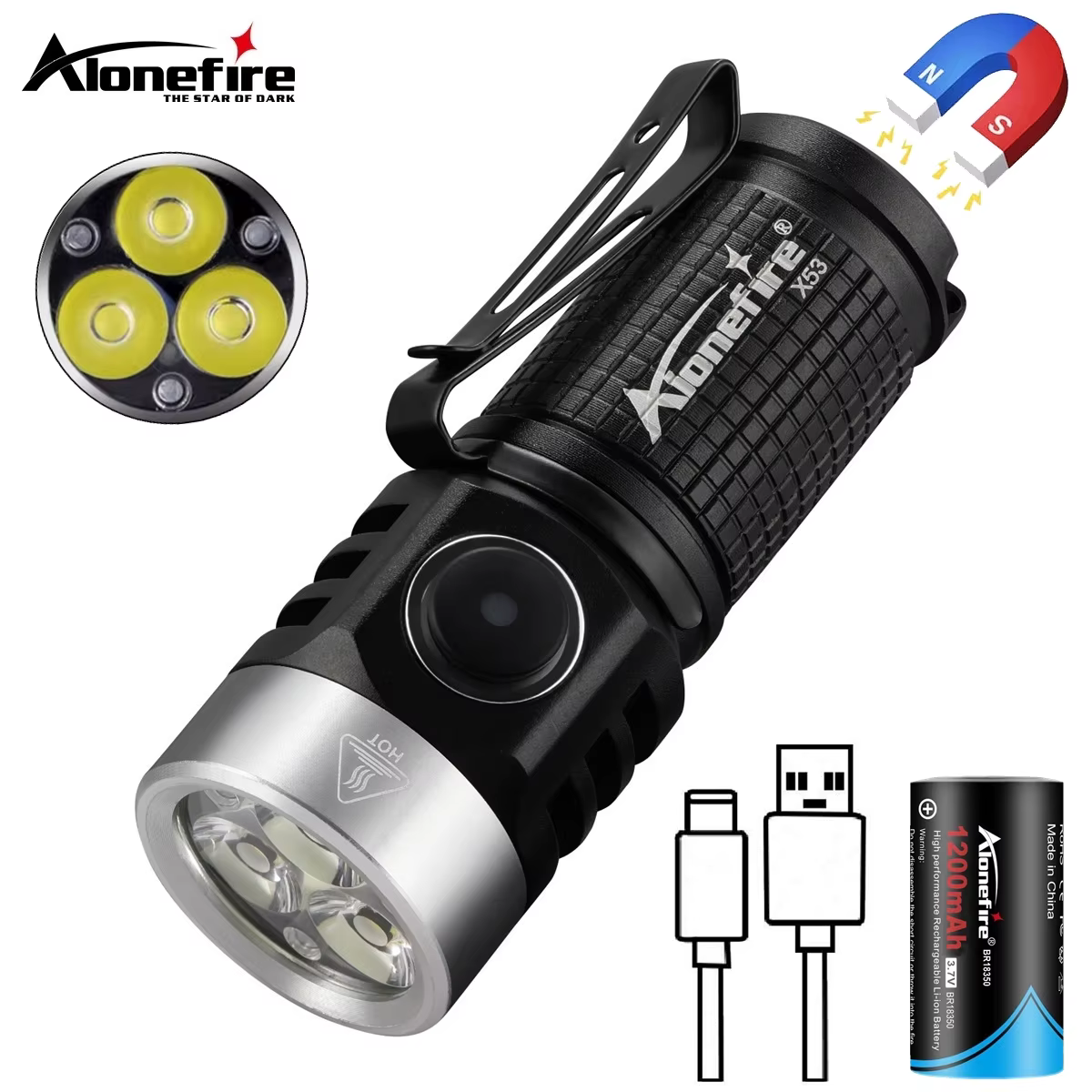 Lampe de poche aste portable, 3x LED lumineuses, lampe de poche à clip, lampe de nuit magnétique, ca