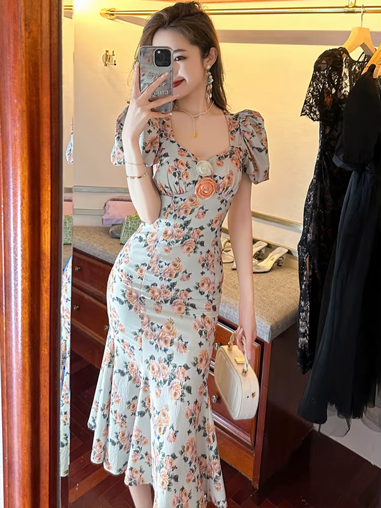 Robe longue de Style français rétro pour femmes, imprimé Rose, fleurs élastiques, manches à bulles, 