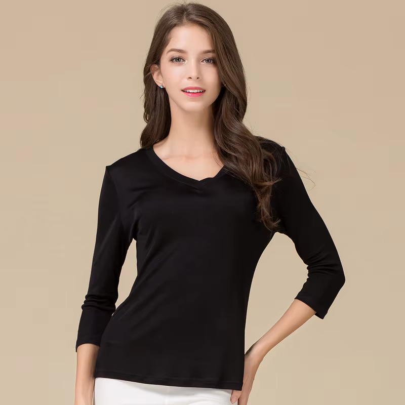 Birdtree, T-shirt en soie véritable à 25 %, double tricot, couleurs unies, col en V classique, manch