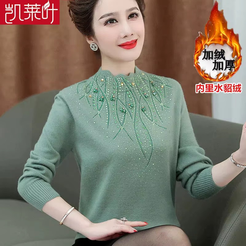 Pull en laine diamant pour femmes d'âge moyen, automne-hiver, pulls en peluche épais et chaud, robe 