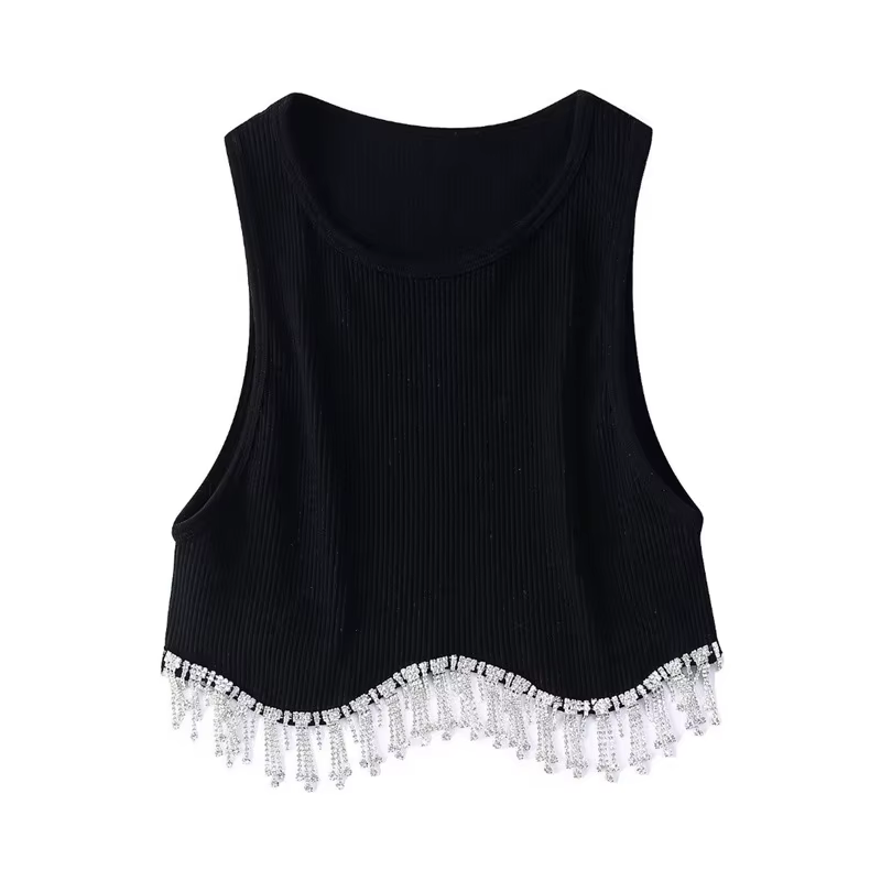 T-shirt à tricoter en perles de diamant pour femmes, débardeurs courts Chic Camis, gilet mince, haut