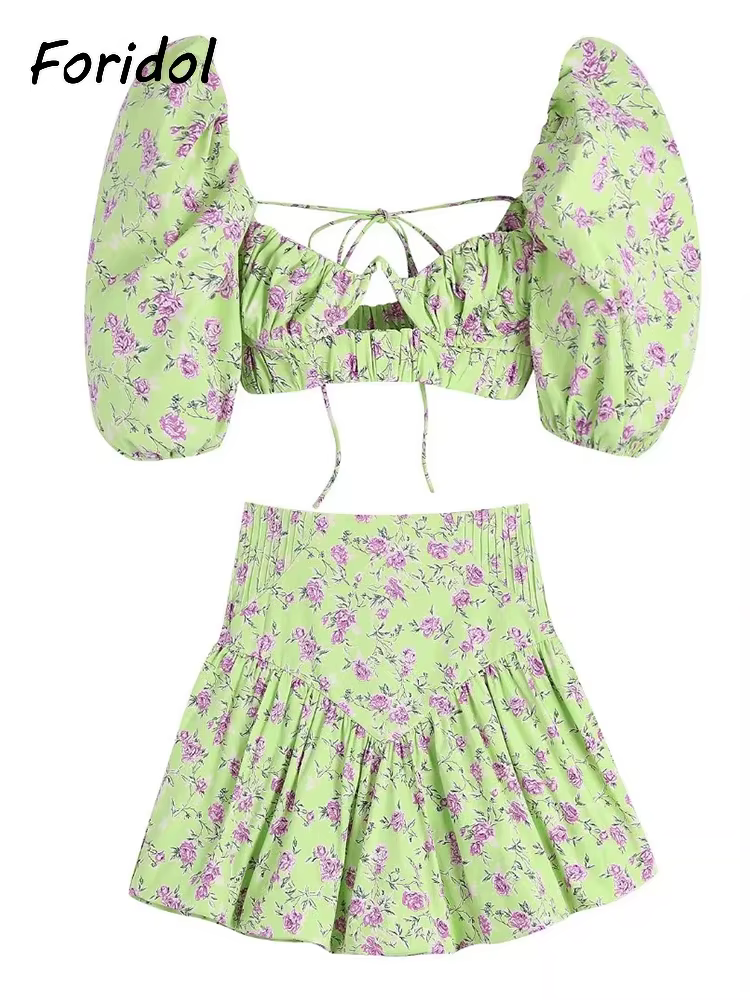 Robe Corset Style français, rose, fleur, vert, ensemble, Mini, Vintage, manches bouffantes, Sexy, co