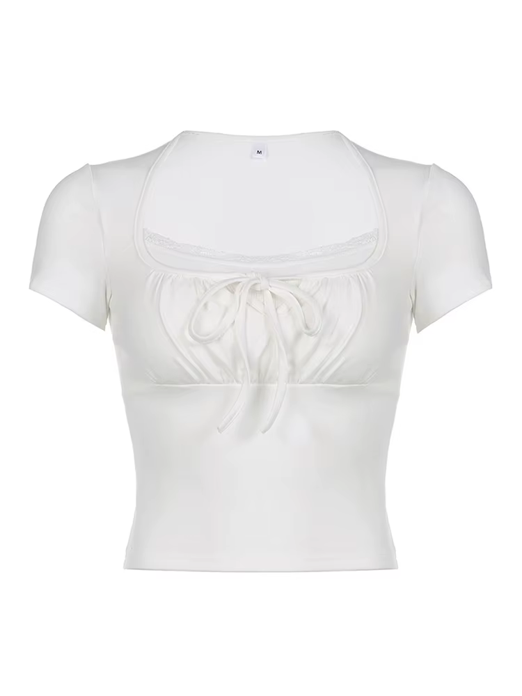T-shirt tricoté blanc décontracté pour femmes, patché en Lac, Style coréen Y2K, Slim, à nouer, fronc