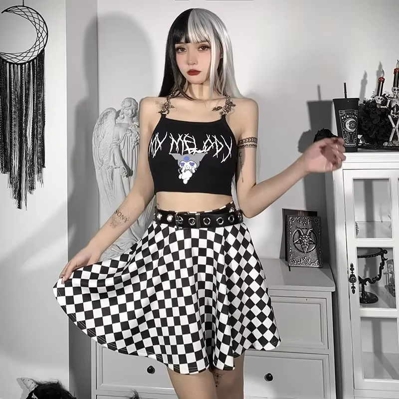Jupe Sexy taille haute en été, gothique, Y2k, Harajuku, fille foncée, contraste, couture à carreaux