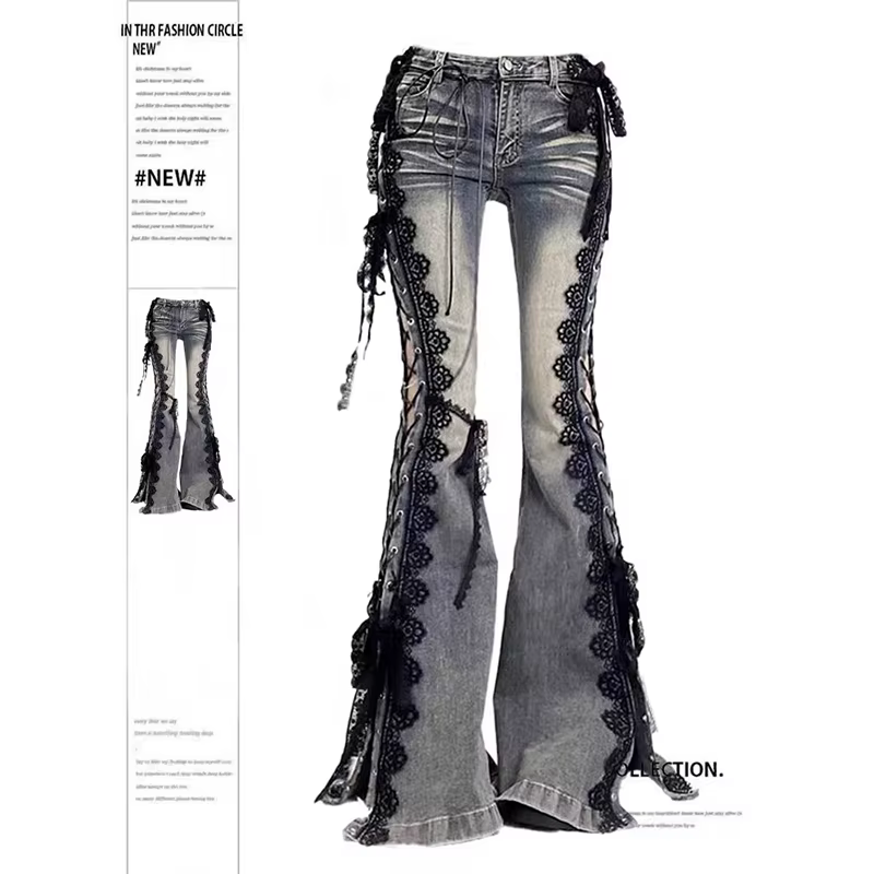 YIBASHU femmes Dark Academia Goblin Core Harajuku Y2K taille basse dentelle jean Abi Denim Flare pan