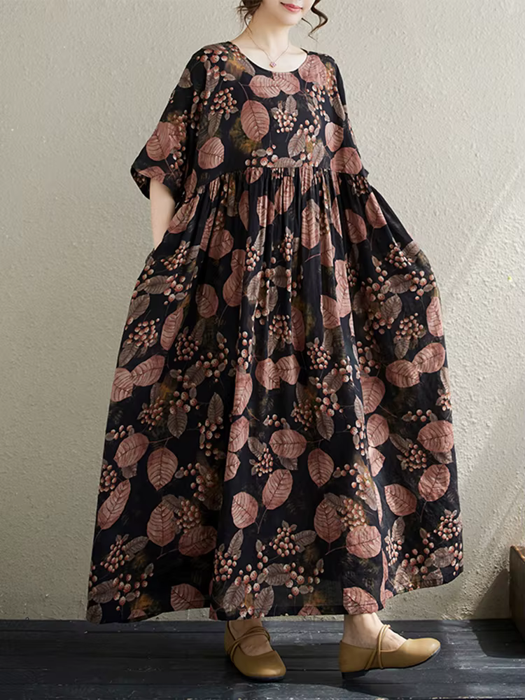 Robe longue vintage en coton à manches courtes et imprimé violet pour femme – Collection été 2026 – 