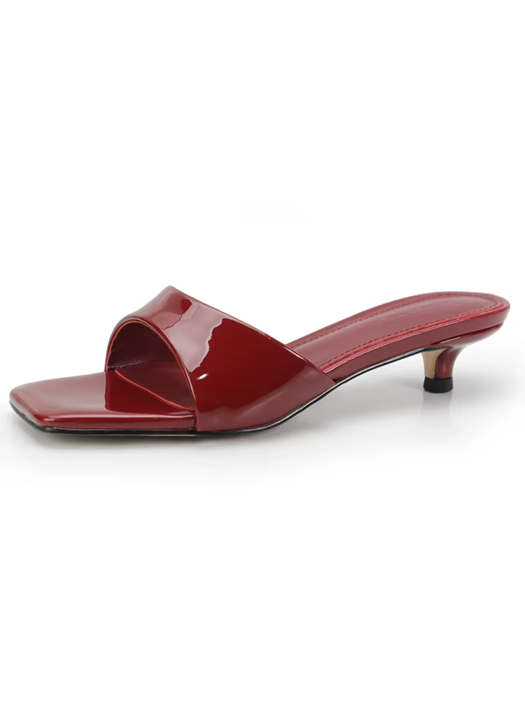 Pantoufles d'été en cuir verni pour femmes, tendance, Sexy, bordeaux, noir, nu, bout carré, sandales