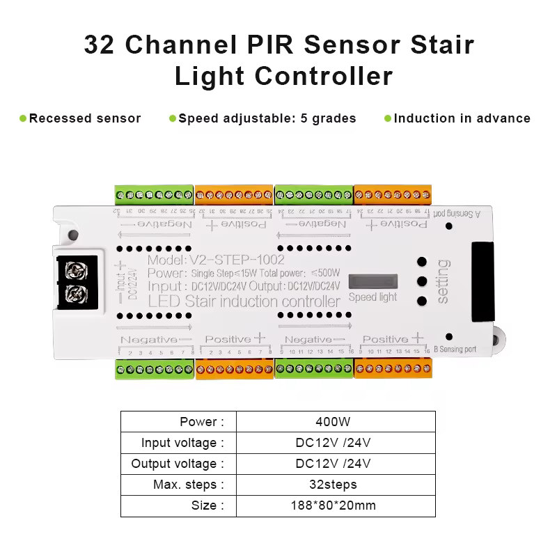 V2 escalier lumière LED contrôleur DC 12V 24V 32 canaux escaliers intérieurs PIR capteur variateur c