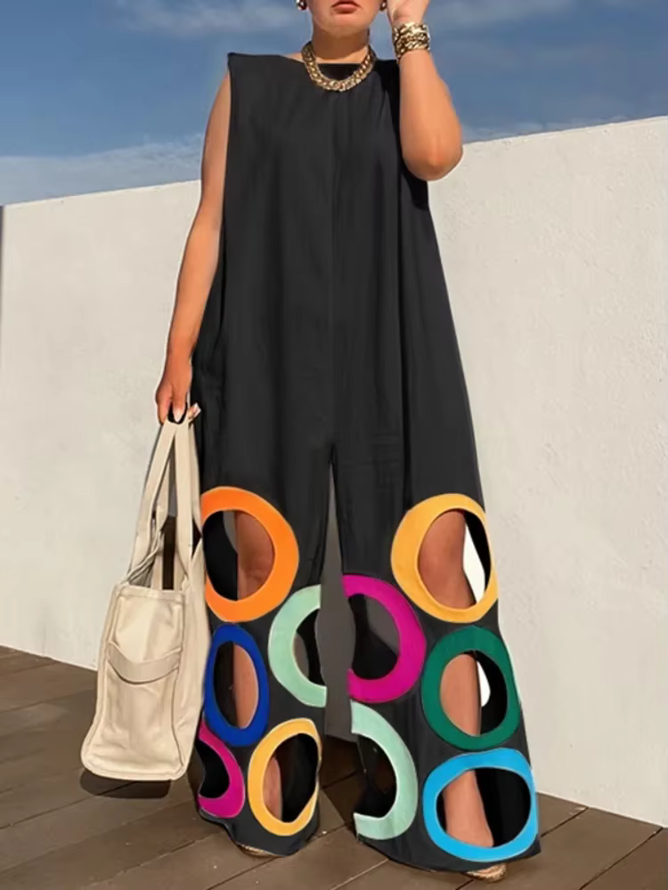 UOOZEE femmes été coloré cercle découpes évider combinaisons sans manches surdimensionné urbain déco