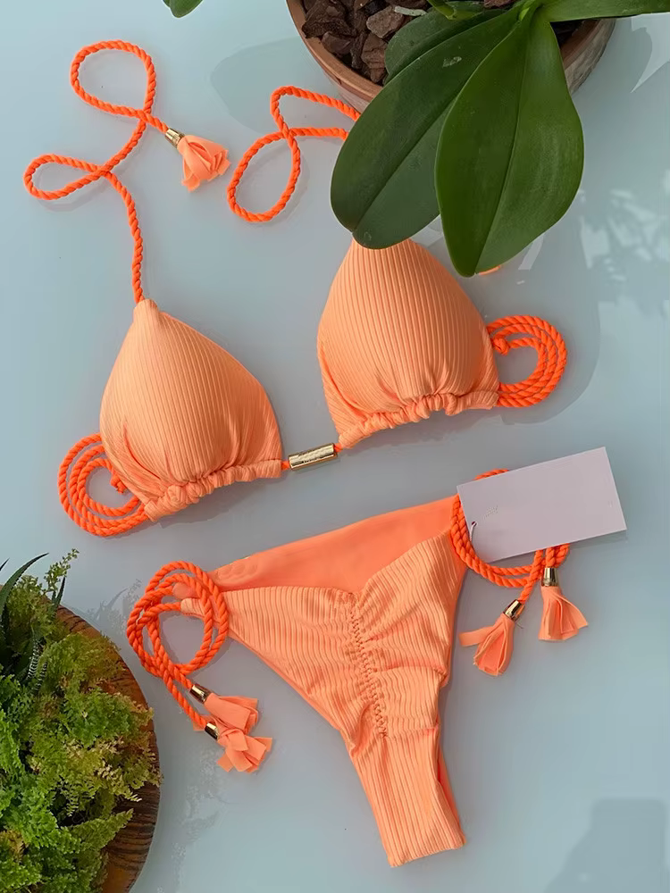 Maillot de bain à bandes ajustables pour femmes, ensemble deux pièces, sexy, couleur solide, triangl