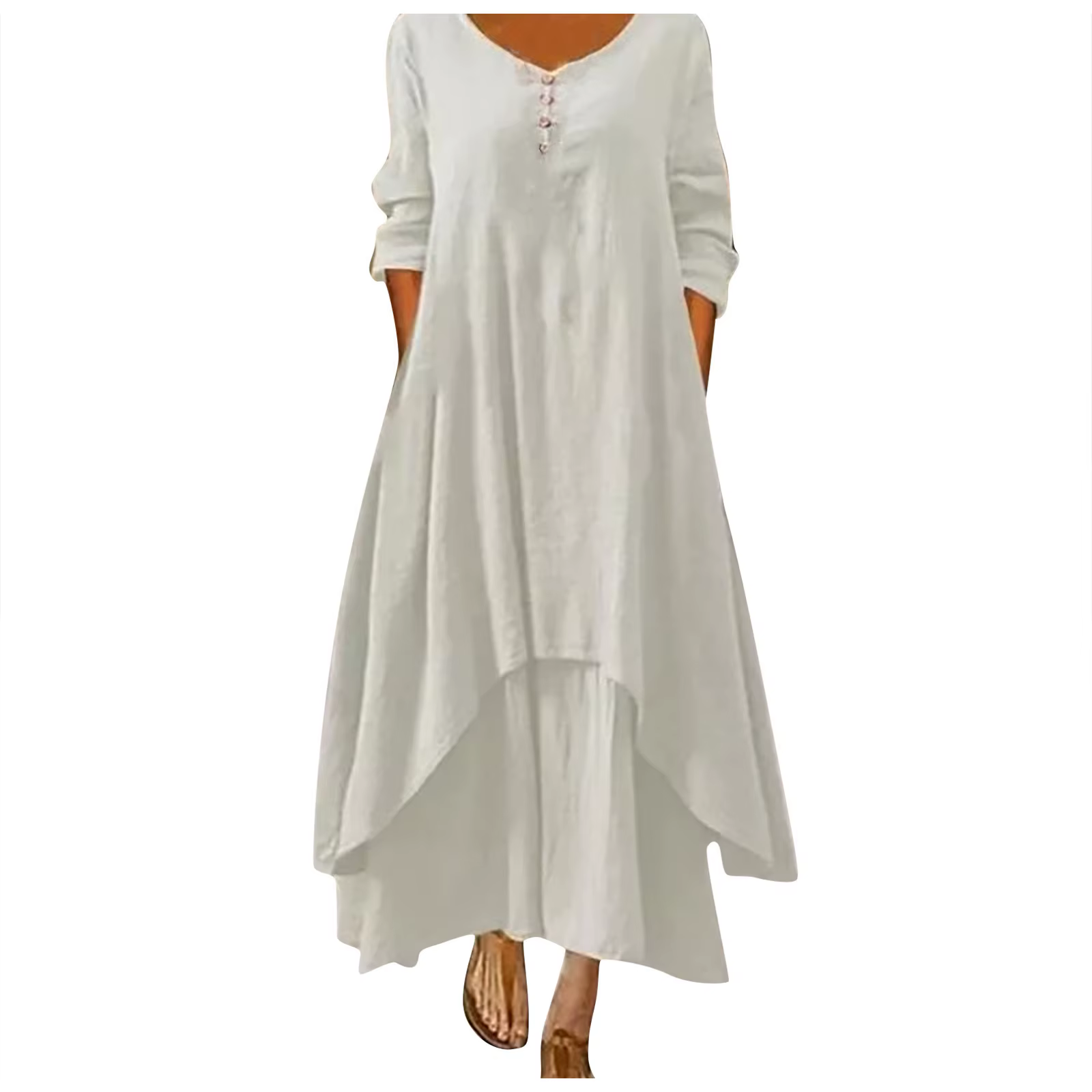Robe longue en coton pour femmes, décontractée, à la mode, avec boutons, couleur unie, pour document