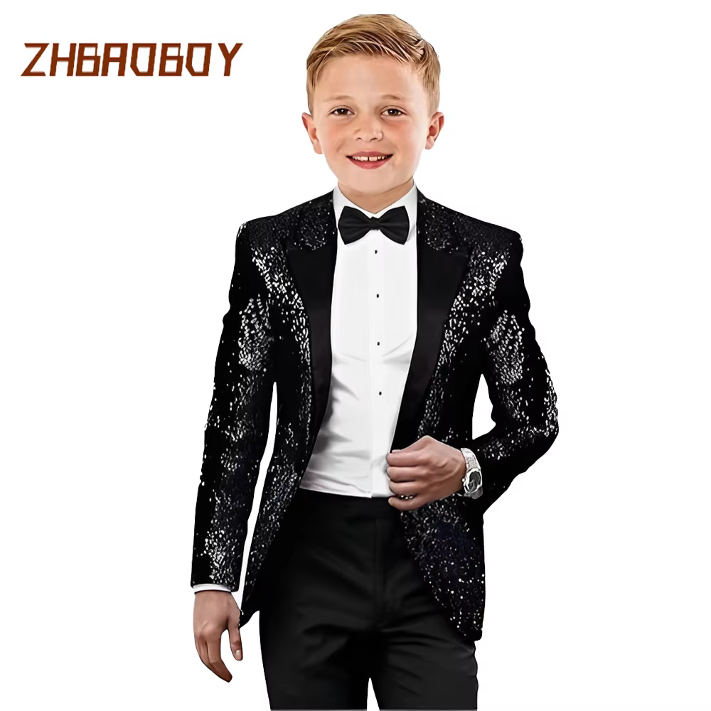 Costumes de smoking pour enfants, 2 pièces, à paillettes, coupe cintrée, vêtements formels, fête de
